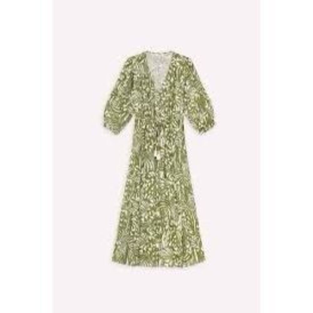 Suncoo Olive Green Cream Linen Mix Chafia Leaf Print Midi Dress Size Medium NWOT